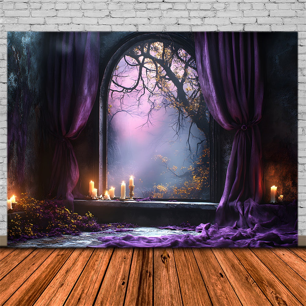Halloween Waldbogen Tür Lila Vorhang Hintergrund RR9-102