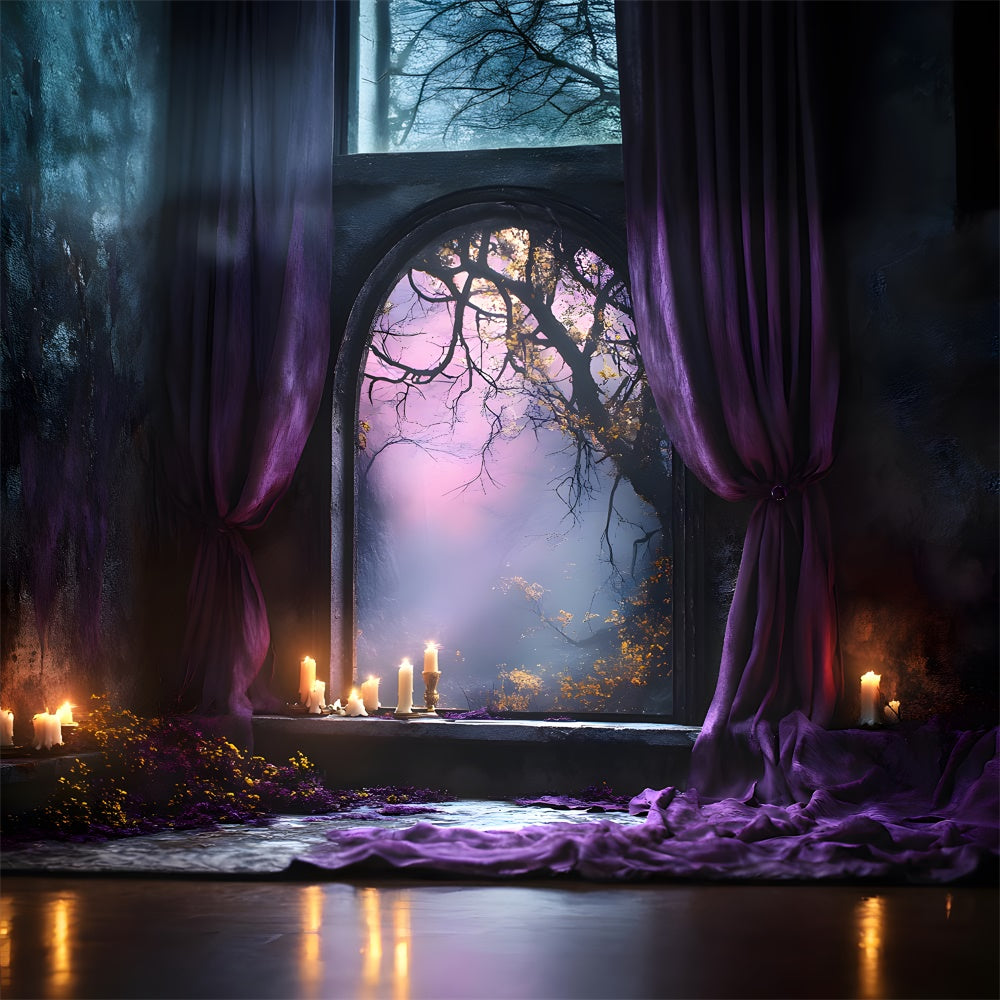 Halloween Waldbogen Tür Lila Vorhang Hintergrund RR9-102