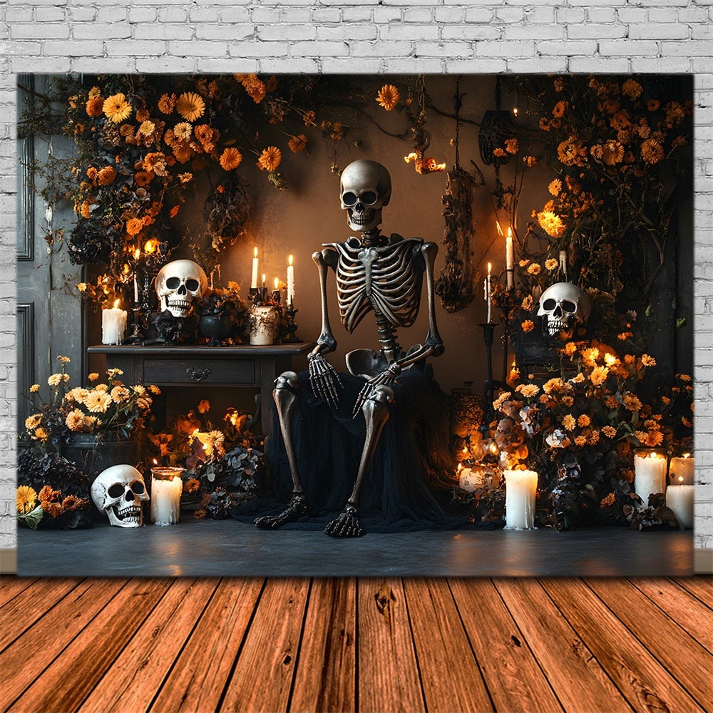 Gespenstische Halloween Skelett-Kerzen Blumen-Hintergrund RR9-103