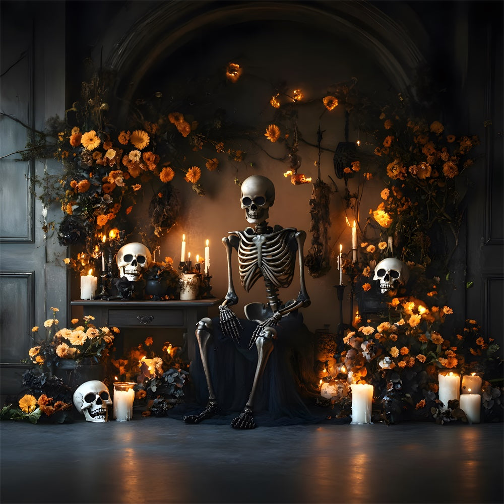 Gespenstische Halloween Skelett-Kerzen Blumen-Hintergrund RR9-103