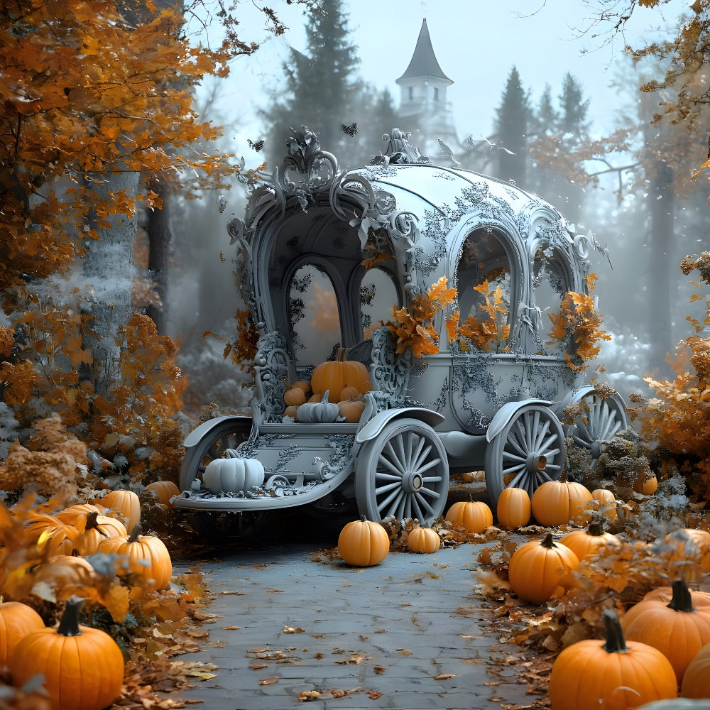 Halloween Stiller Ahorn Wald Kürbis Wagen Hintergrund RR9-104