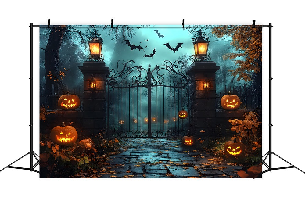 Gruseliger Halloween Friedhof Tor Kürbis Hintergrund RR9-109