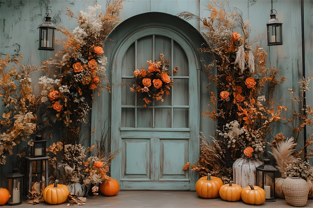 Herbst Vintage Scheunentür Getrocknete Blumen Hintergrund RR9-15