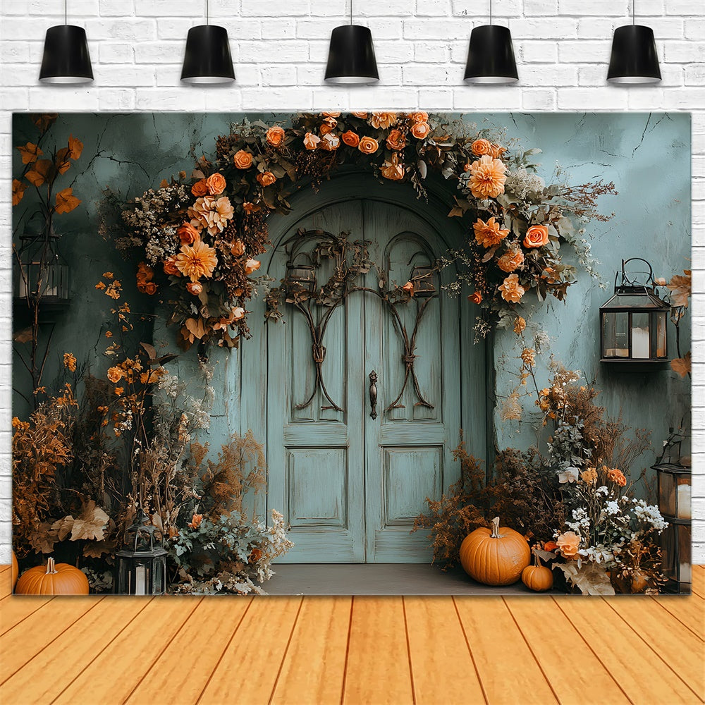 Vintage Grün Wand Tür Herbst Blumen Hintergrund RR9-23