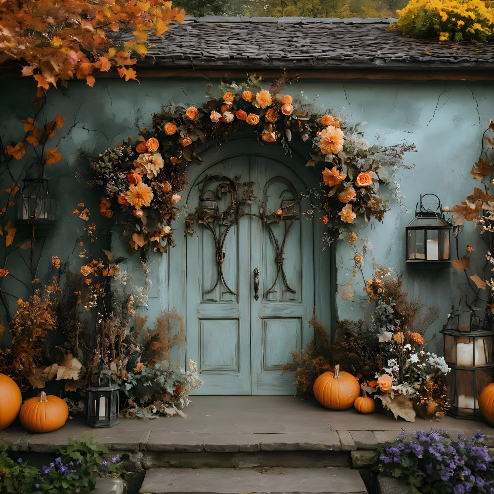 Vintage Grün Wand Tür Herbst Blumen Hintergrund RR9-23