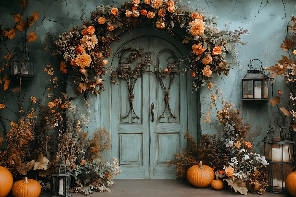Vintage Grün Wand Tür Herbst Blumen Hintergrund RR9-23