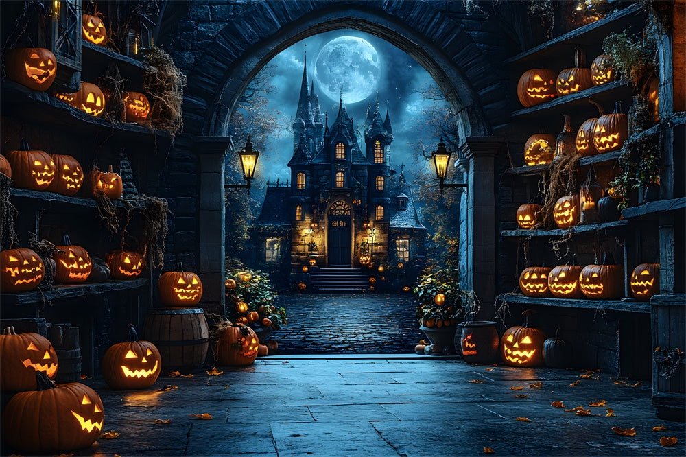 Halloween Gespenstisches Schloss Glühender Kürbis Backdrop RR9-82