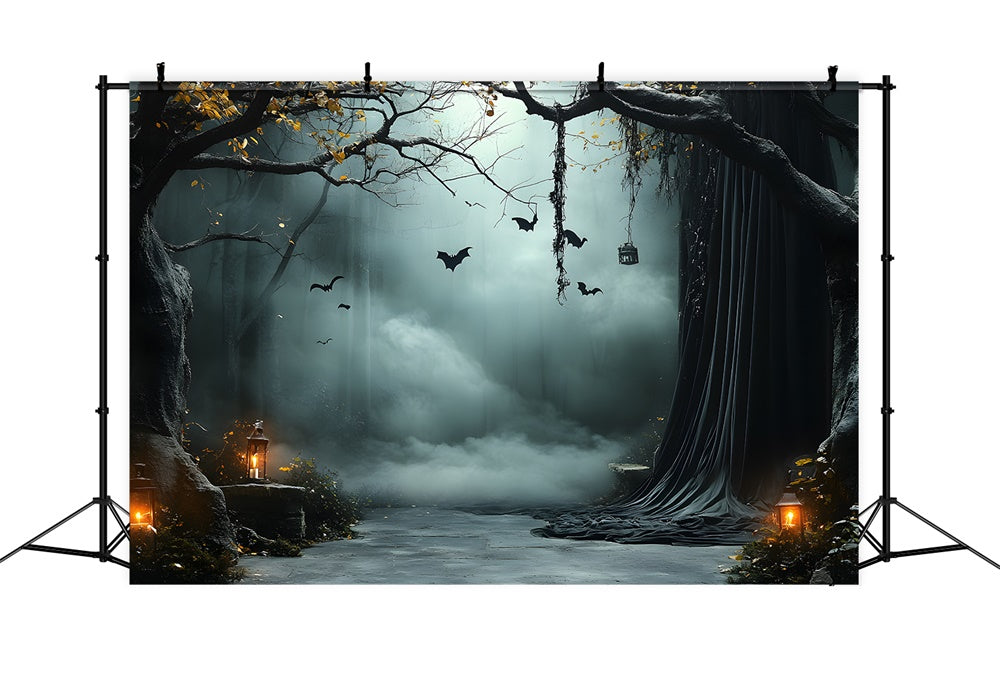 Halloween Neblige Bäume Fledermäuse Laternen Hintergrund RR9-91
