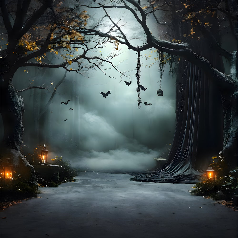 Halloween Neblige Bäume Fledermäuse Laternen Hintergrund RR9-91