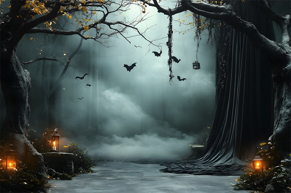 Halloween Neblige Bäume Fledermäuse Laternen Hintergrund RR9-91