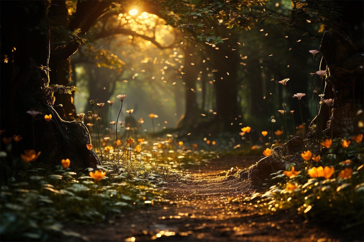 Frühling Fotokulisse Sonnenuntergang Blumenweg Waldkulisse TWW2-37