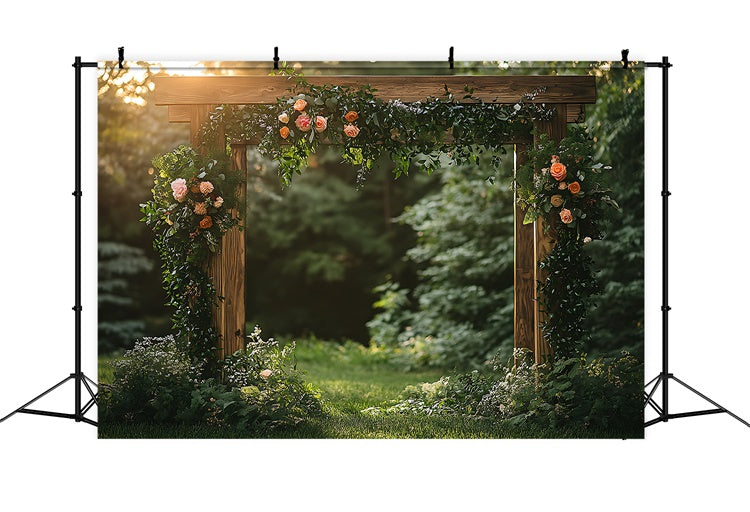 Fotokulisse Frühling Sonnenuntergang Blumenbogen Holzrahmen Fotokulisse TWW2-38