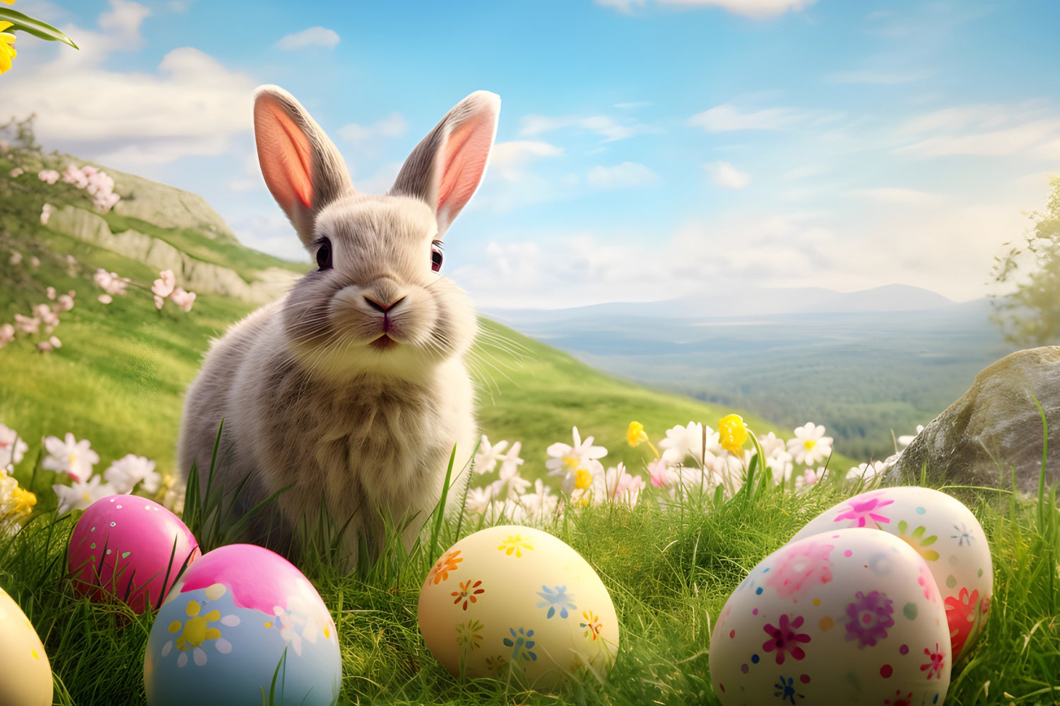 Osterei-Hintergrundkulisse Happy Bunny Frühlingshügel-Hintergrundkulisse TWW3-33