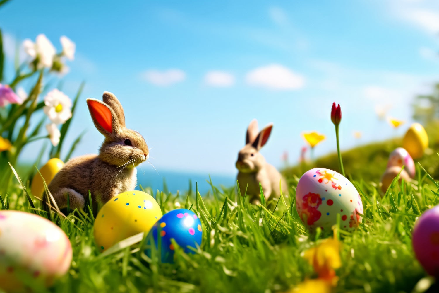 Fotografie Ostern Backdrop Blühende Wiese Hasen Backdrop TWW3-41