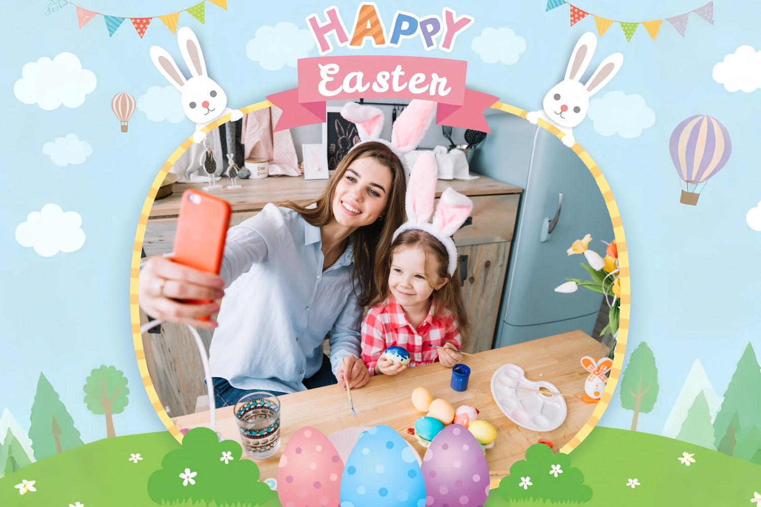 Frohe Ostern Backdrop Himmel Hasenwiese Personalisierte Backdrop TWW3-60