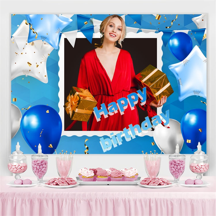 Custom Happy Birthday Backdrop Goldenes Geschenk Blauer Ballon Backdrop TWW3-66