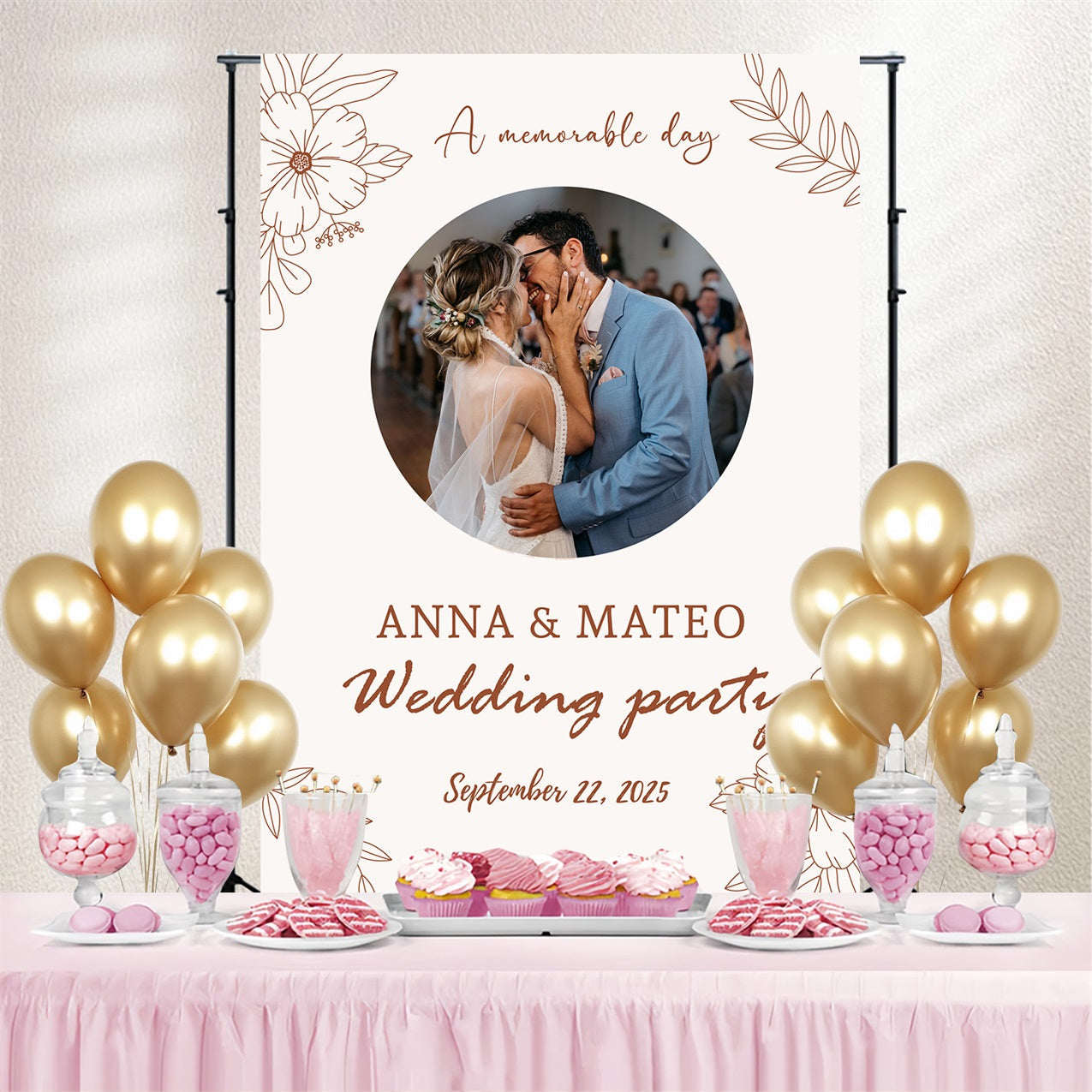 Hochzeit Backdrops Floral Line Art Personalisierter Hintergrund TWW3-95