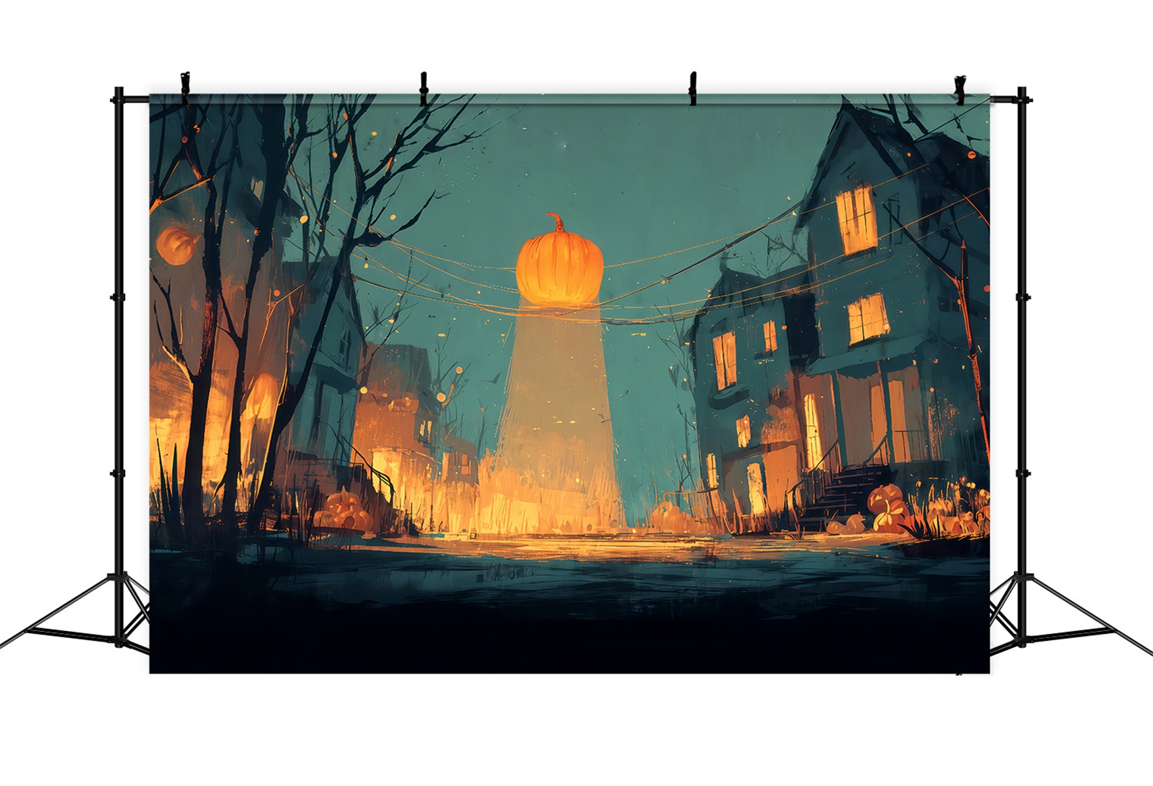 Gruselige Halloween-Hintergründe Leuchtende Kürbis-Straße Abenddämmerung Halloween-Hintergrund für Fotos TWW510-14