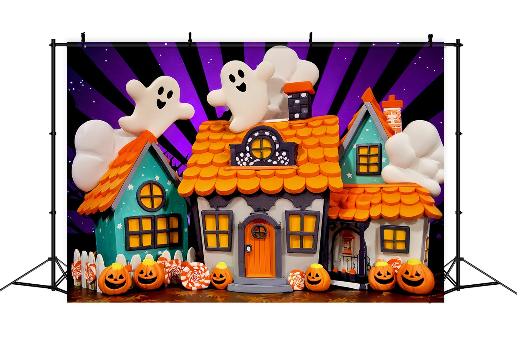 Spukhaus-Hintergrund Niedliche Geister Bonbonh?user Halloween-Fotografie-Hintergrund TWW510-19