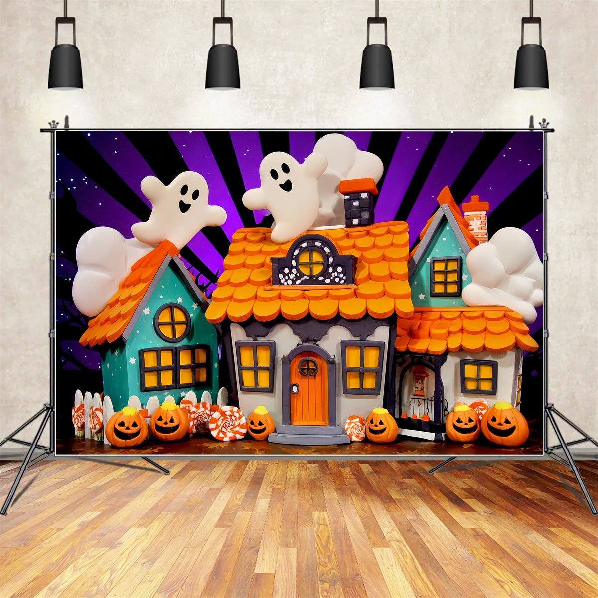 Spukhaus-Hintergrund Niedliche Geister Bonbonh?user Halloween-Fotografie-Hintergrund TWW510-19