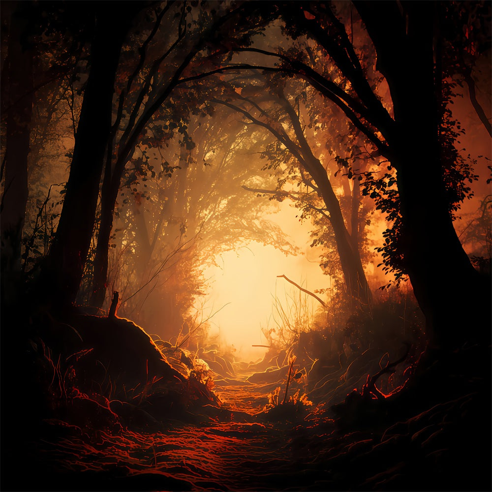 Spukwald-Hintergrund Verzauberter Wald Feuriger Pfad Halloween-Fotografie-Hintergrund TWW510-29