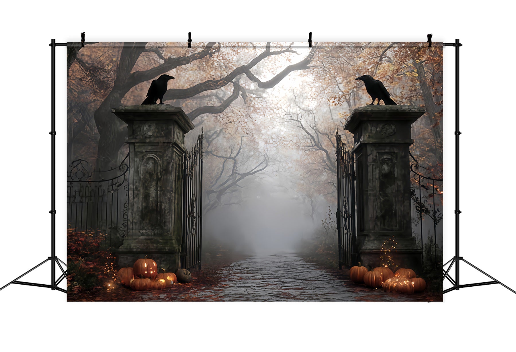 Spukwald-Hintergrund Nebliger Friedhofstor-Eingang Halloween-Fotohintergrund TWW510-3