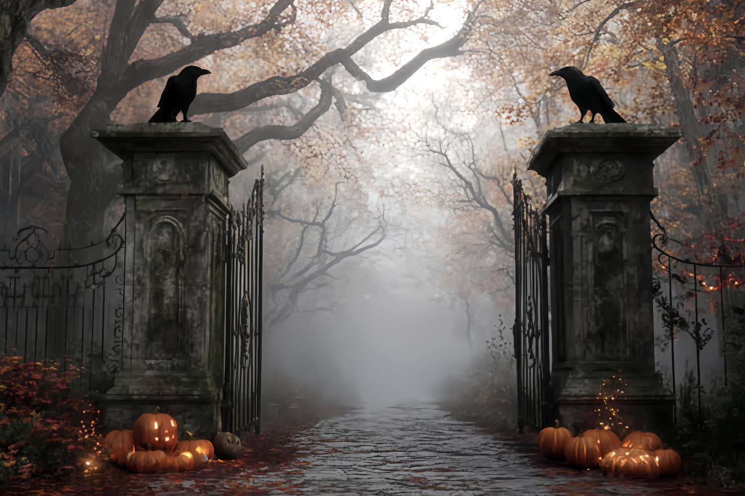 Spukwald-Hintergrund Nebliger Friedhofstor-Eingang Halloween-Fotohintergrund TWW510-3
