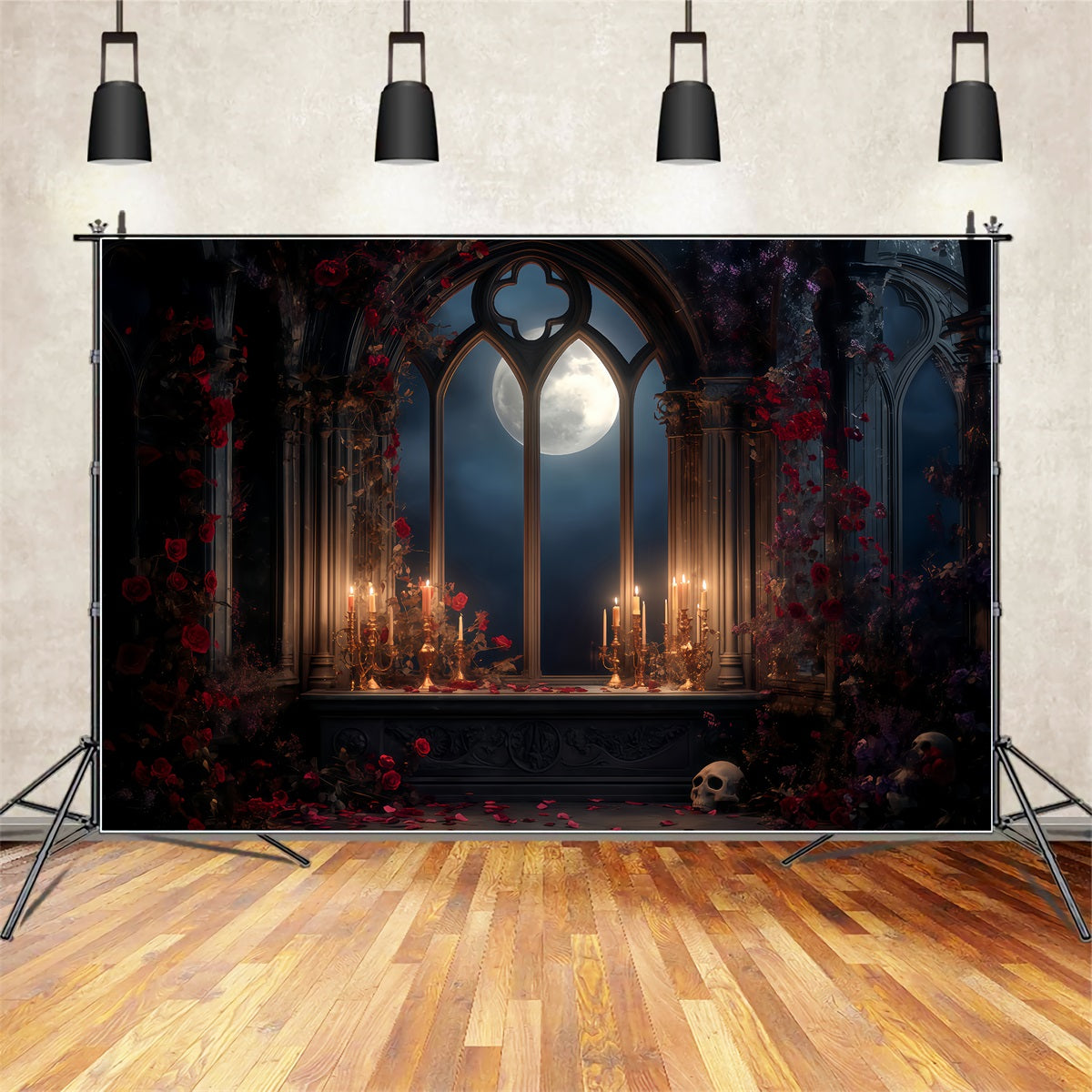 Gruselige Halloween-Hintergr¨¹nde Mondbeschienener gotischer Kerzenaltar Halloween-Fotohintergr¨¹nde TWW510-47