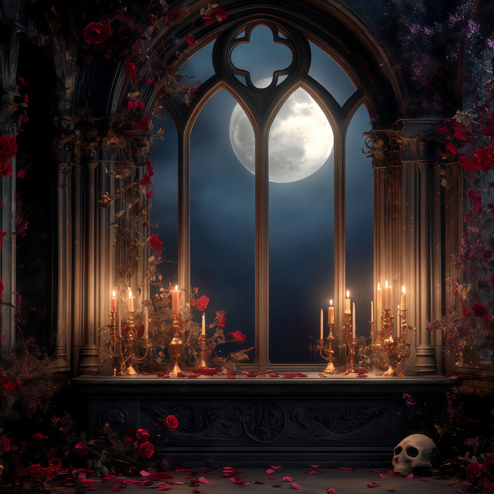 Gruselige Halloween-Hintergr¨¹nde Mondbeschienener gotischer Kerzenaltar Halloween-Fotohintergr¨¹nde TWW510-47
