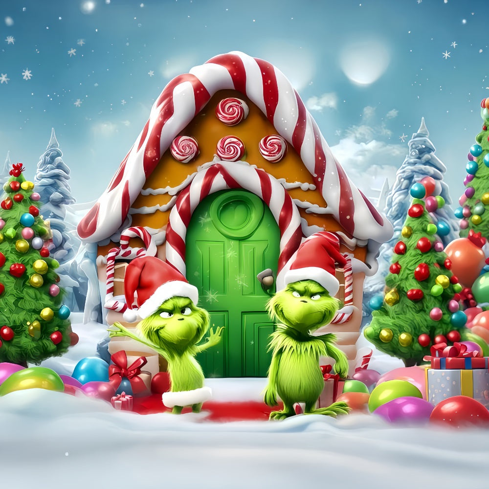 Grinch-Fotohintergrund S¨¹?igkeitenhaus Grinch Funland Weihnachtshintergr¨¹nde TWW510-51