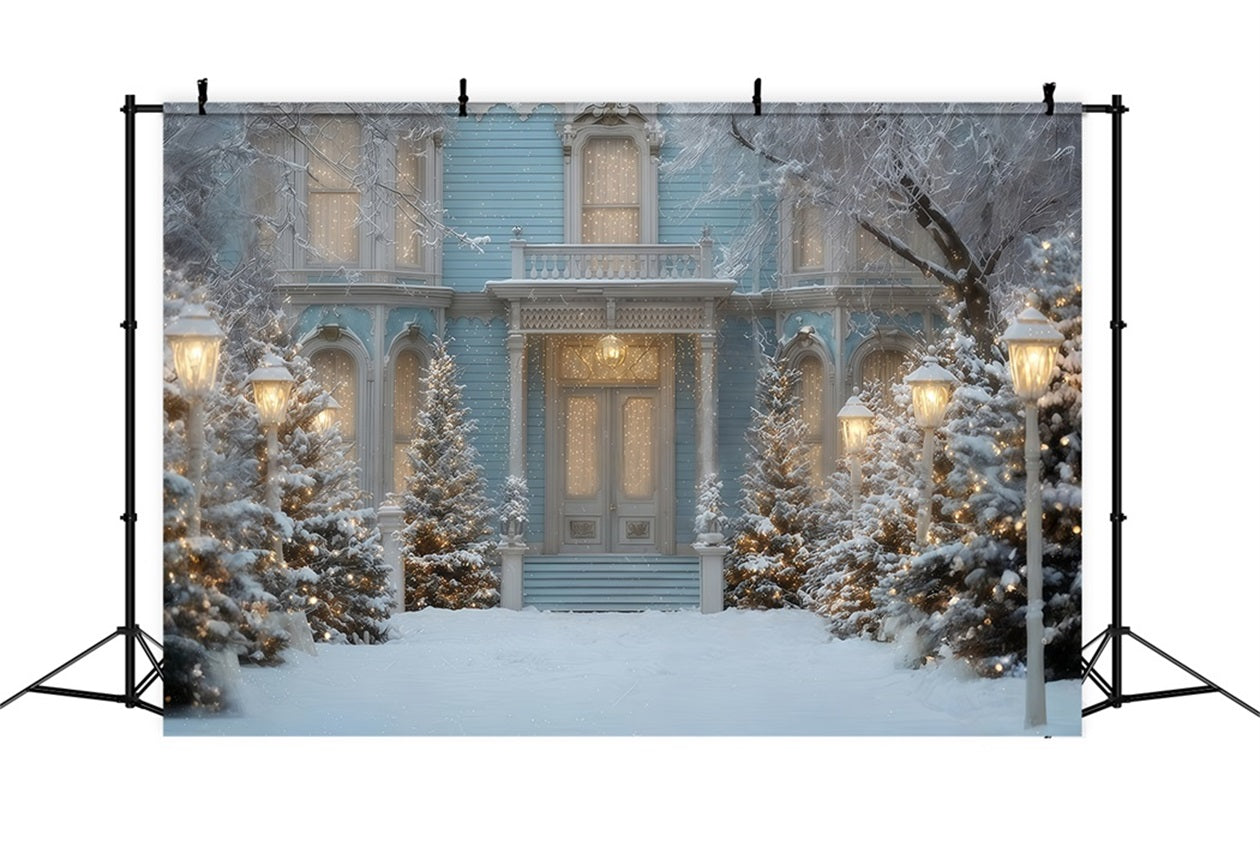 Weihnachtsbaum-Hintergrund Verschneite blaue Wintervilla Weihnachtshintergrund-Ideen TWW510-55