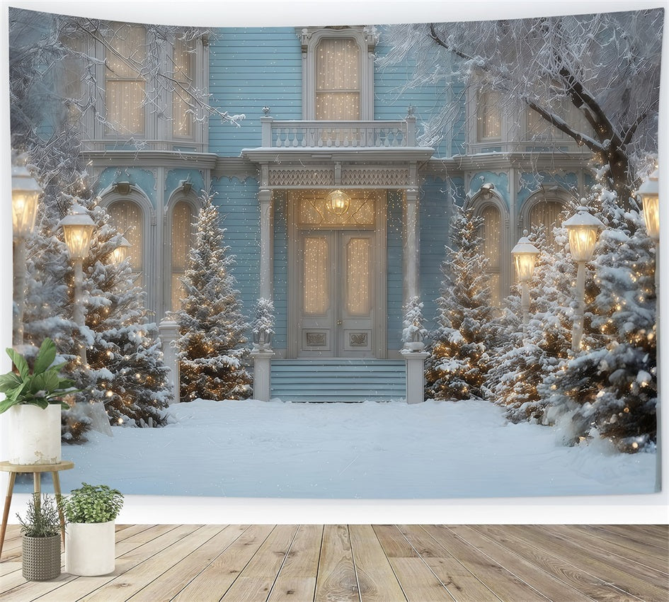 Weihnachtsbaum-Hintergrund Verschneite blaue Wintervilla Weihnachtshintergrund-Ideen TWW510-55
