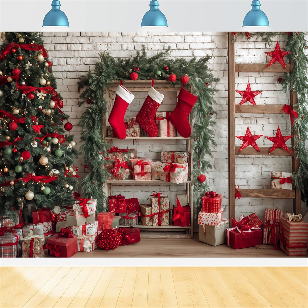 Weihnachtswand-Hintergrund Gem¨¹tliche Str¨¹mpfe Geschenkeecke Weihnachtshintergr¨¹nde TWW510-57