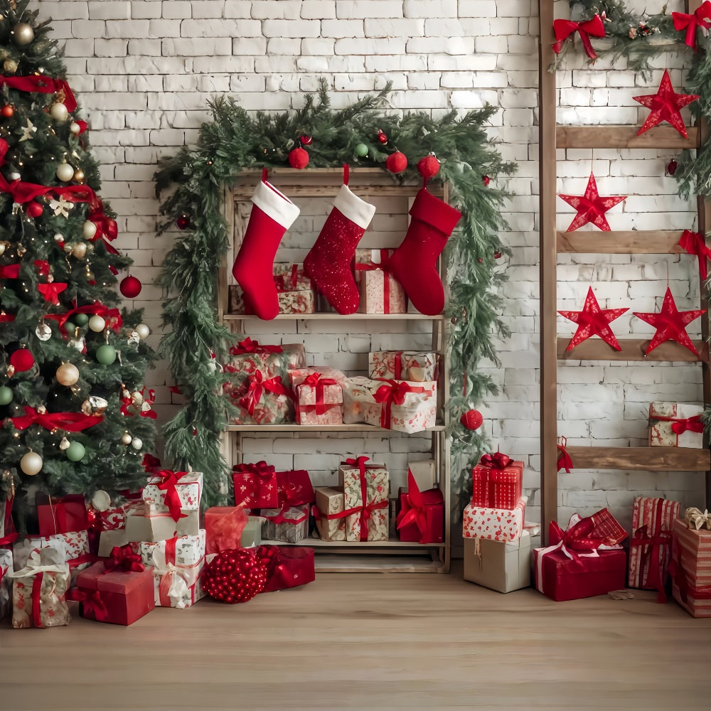 Weihnachtswand-Hintergrund Gem¨¹tliche Str¨¹mpfe Geschenkeecke Weihnachtshintergr¨¹nde TWW510-57