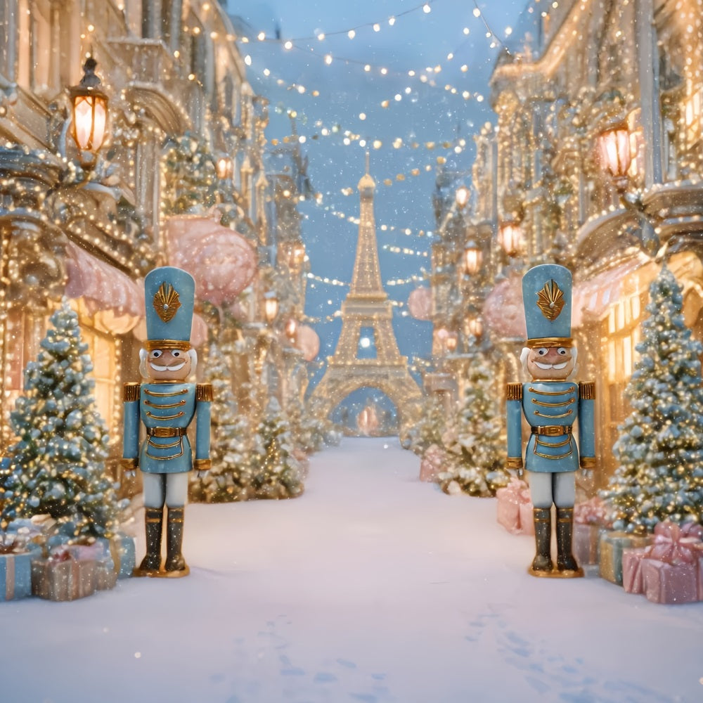 Nussknacker-Hintergrund Verschneites Paris Winterstra?e Weihnachtsfoto-Hintergrund TWW510-58