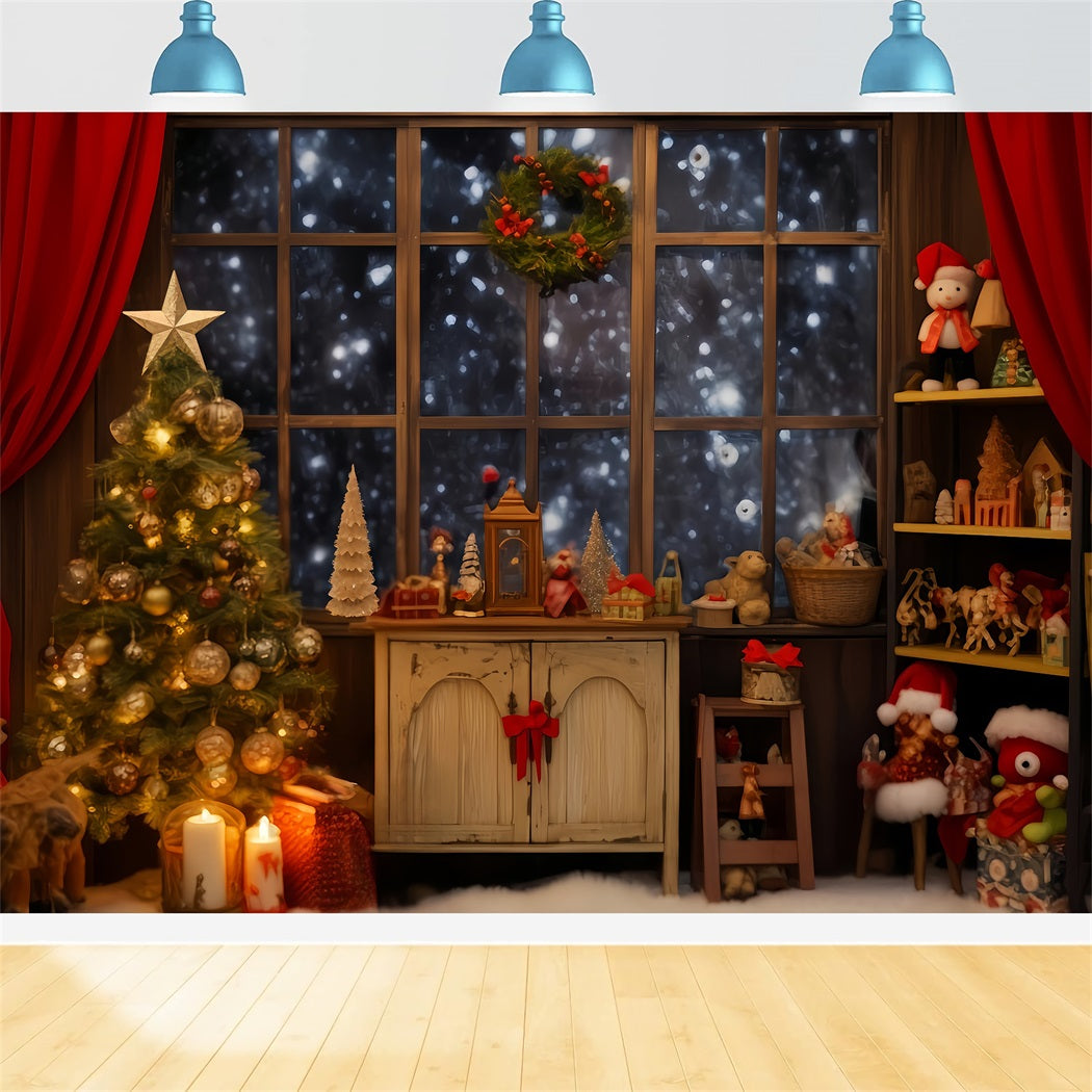 Weihnachtsmann-Werkstatt-Hintergrund Gemütliches Fenster Spielzeug-Ecke Weihnachts-Hintergrund-Ideen TWW510-61