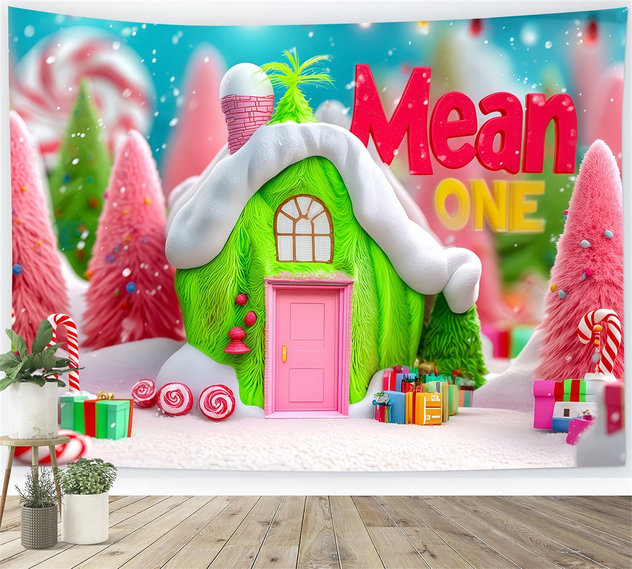 Grinch-Foto-Hintergrund Whoville Gr¨¹nes Bonbon-H?uschen Weihnachts-Hintergr¨¹nde TWW510-63