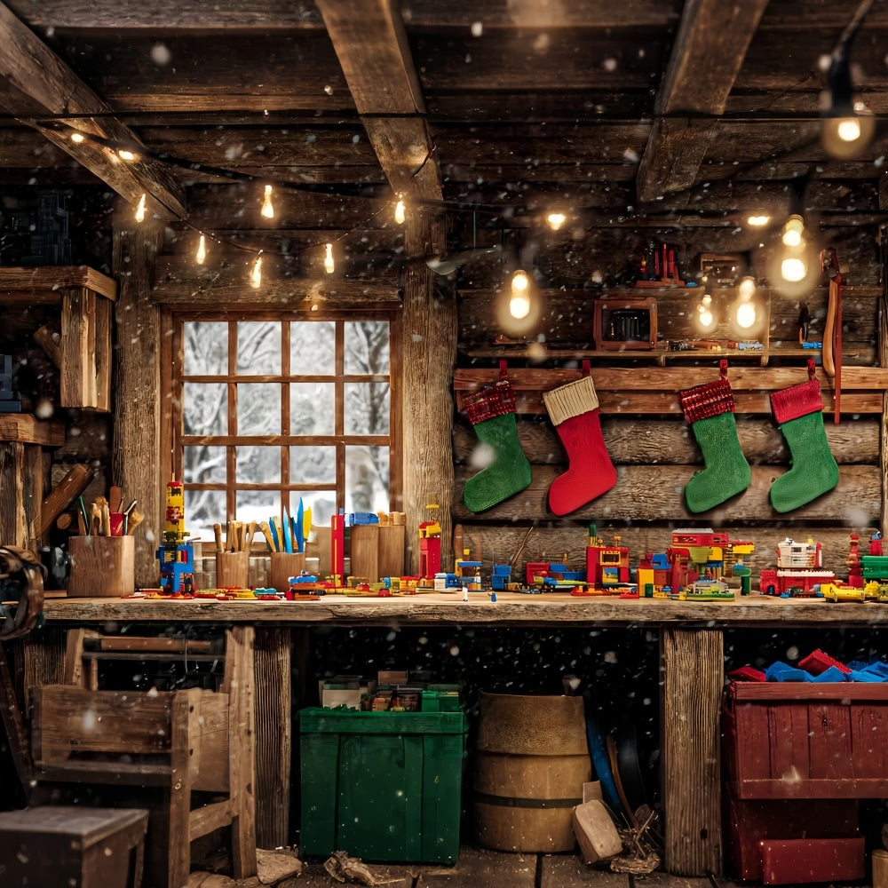 Hintergrund ?Weihnachtsmann-Werkstatt¡° Holzh¨¹tte Spielzeugbank Weihnachtshintergrund TWW510-64