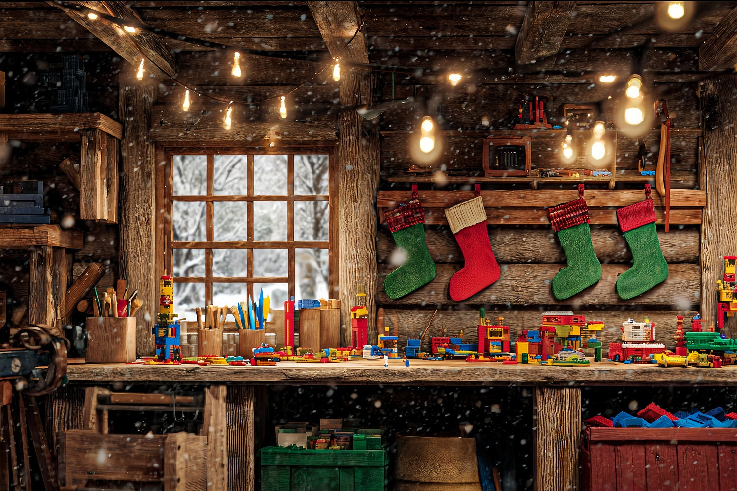 Hintergrund „Weihnachtsmann-Werkstatt“ Holzhütte Spielzeugbank Weihnachtshintergrund TWW510-64