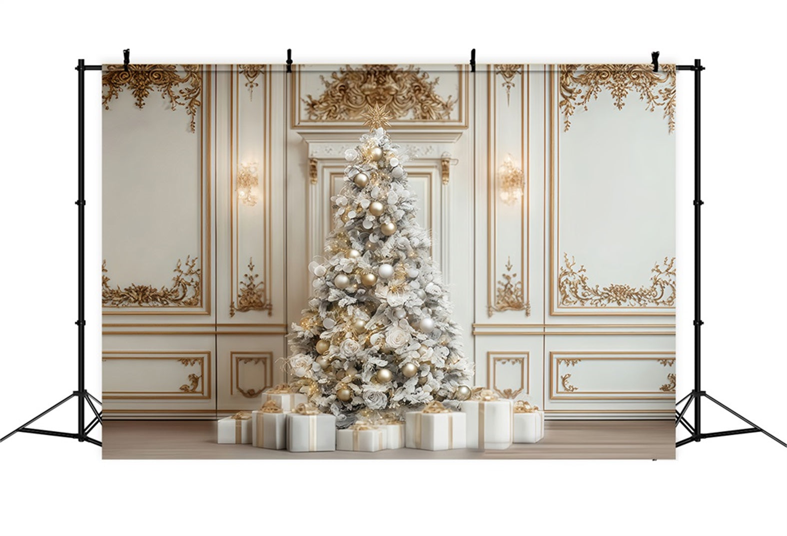 Weihnachtswand-Hintergrund Wei?gold Eleganter Baum Weihnachtsfoto-Hintergrund TWW510-66