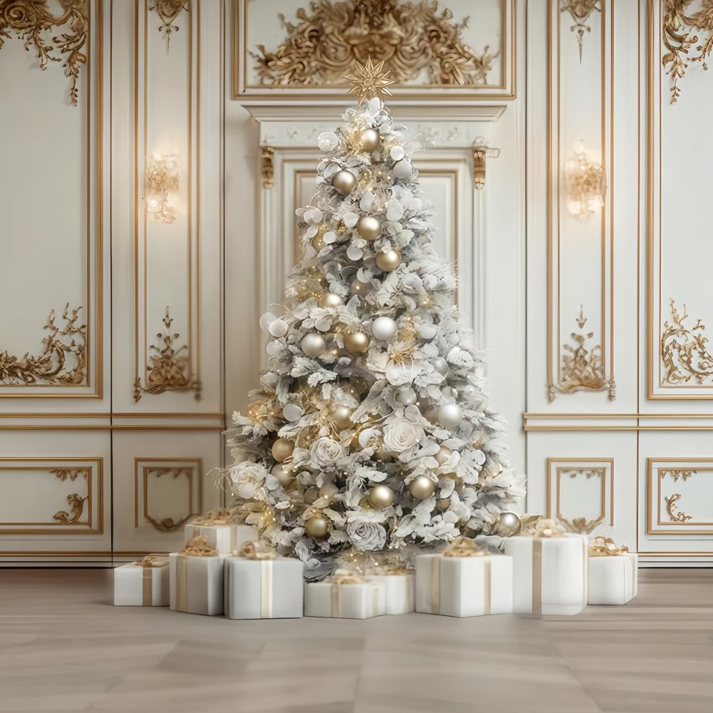 Weihnachtswand-Hintergrund Wei?gold Eleganter Baum Weihnachtsfoto-Hintergrund TWW510-66