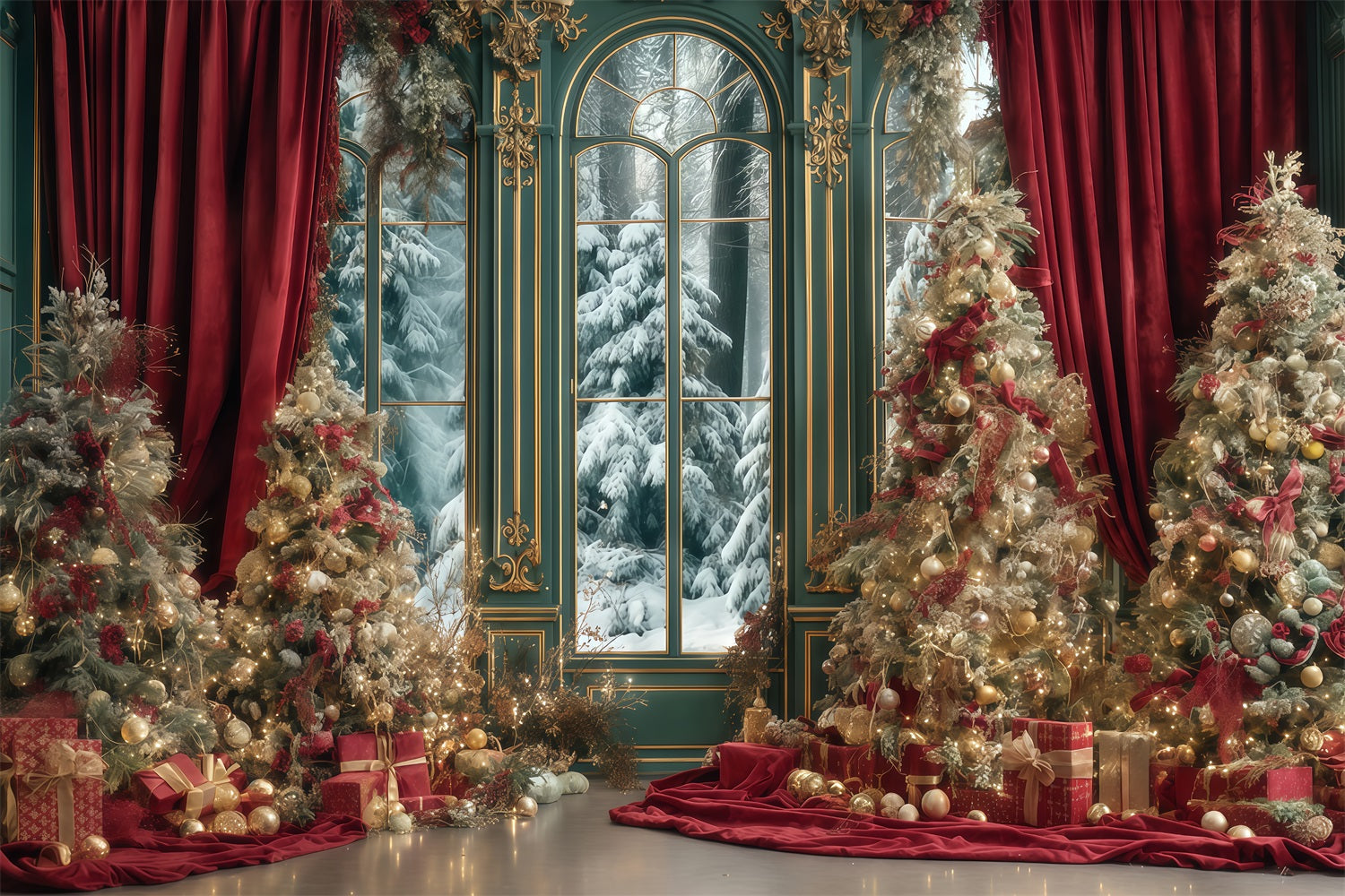 Hintergrund „Weihnachtsbaum“ Roter Vorhang Winterpalast Weihnachtsfoto-Hintergründe TWW510-67