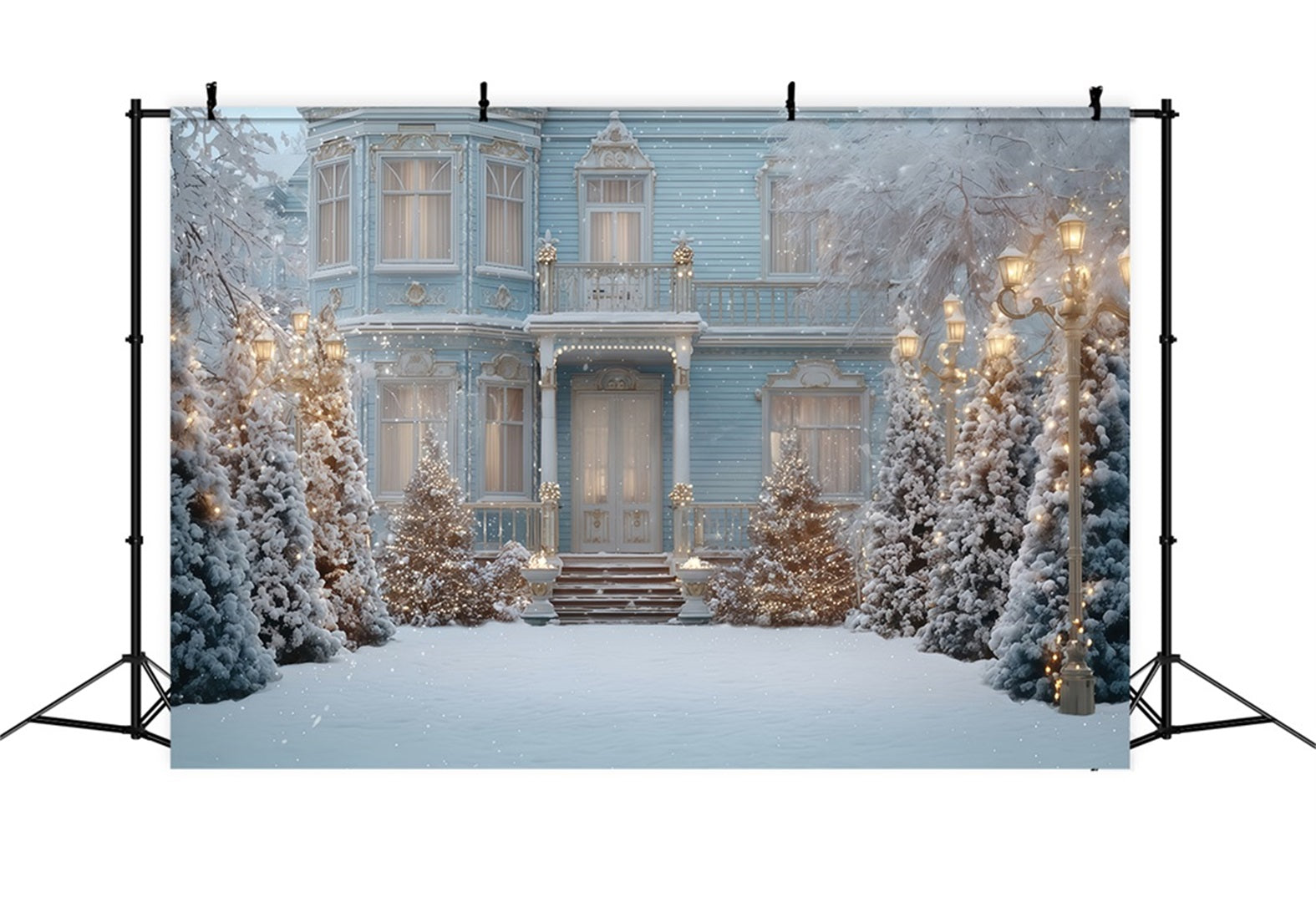Weihnachtsbaum-Hintergrund Blaues viktorianisches Winter-Herrenhaus Weihnachtshintergrund TWW510-70