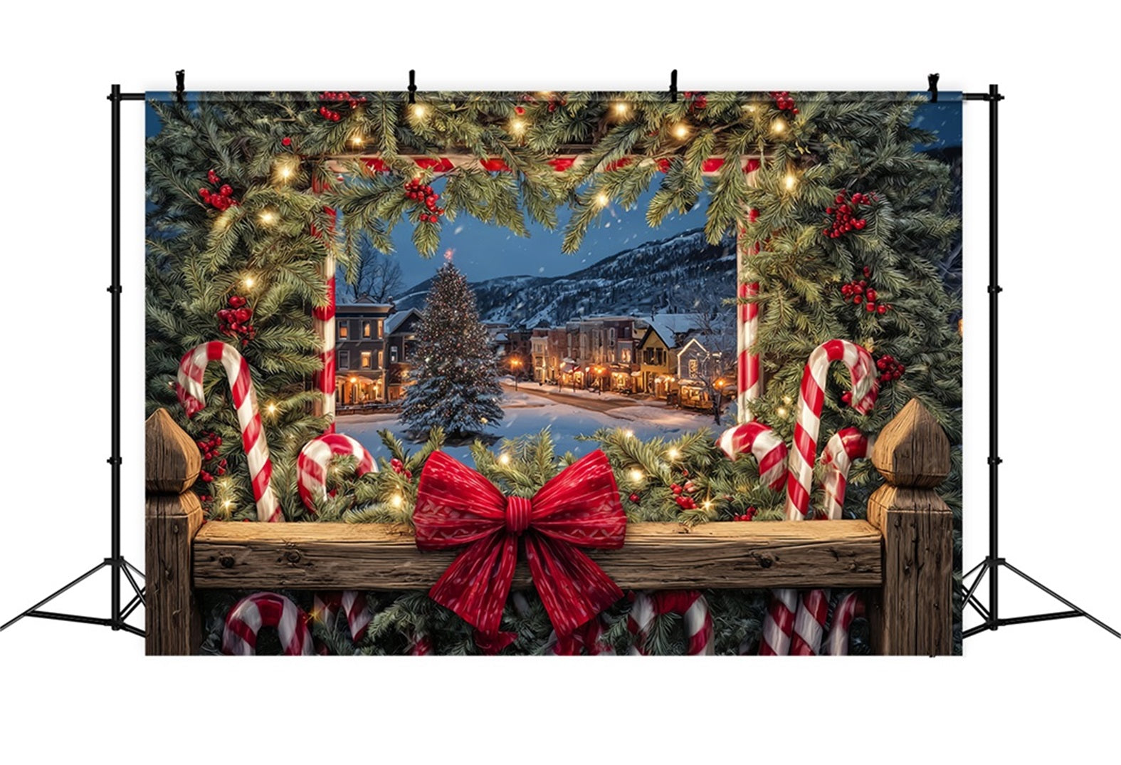 Weihnachts-Schleifen-Hintergrund Gem¨¹tliche Stadt Weihnachtsfenster Weihnachts-Foto-Hintergr¨¹nde TWW510-75