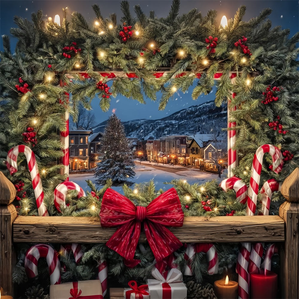 Weihnachts-Schleifen-Hintergrund Gem¨¹tliche Stadt Weihnachtsfenster Weihnachts-Foto-Hintergr¨¹nde TWW510-75