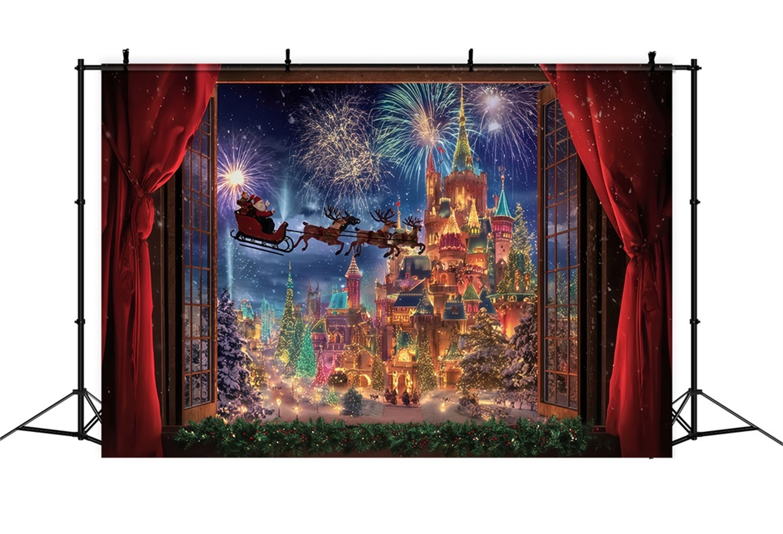 Weihnachtsmann-Foto-Hintergrund Weihnachtsmann-Schlitten Feuerwerk Schloss Weihnachtshintergrund TWW510-78