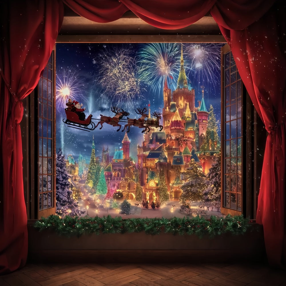 Weihnachtsmann-Foto-Hintergrund Weihnachtsmann-Schlitten Feuerwerk Schloss Weihnachtshintergrund TWW510-78
