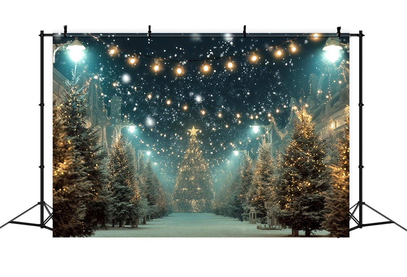 Weihnachtsbaum-Hintergrund Verschneite Stra?e Goldene Lichter Weihnachtsfoto-Hintergrund TWW510-82