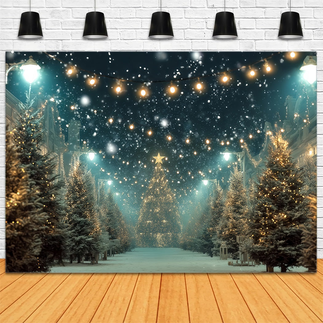Weihnachtsbaum-Hintergrund Verschneite Stra?e Goldene Lichter Weihnachtsfoto-Hintergrund TWW510-82