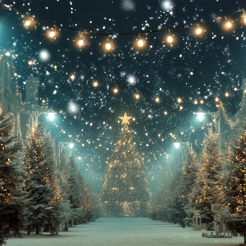 Weihnachtsbaum-Hintergrund Verschneite Stra?e Goldene Lichter Weihnachtsfoto-Hintergrund TWW510-82